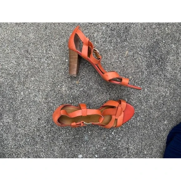 Franco Sarto Womens Orange Leather Strappy Block Heel Sandals Size 8M - Picture 1 of 5